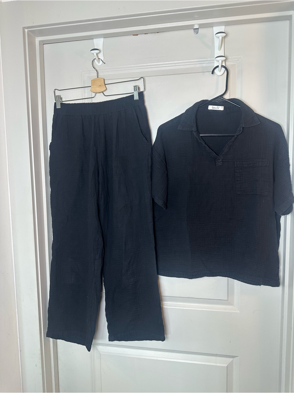 Latuza 2 Piece Gauzy Cotton Black Wide Leg  Coastal Lightweight Pant Set, M